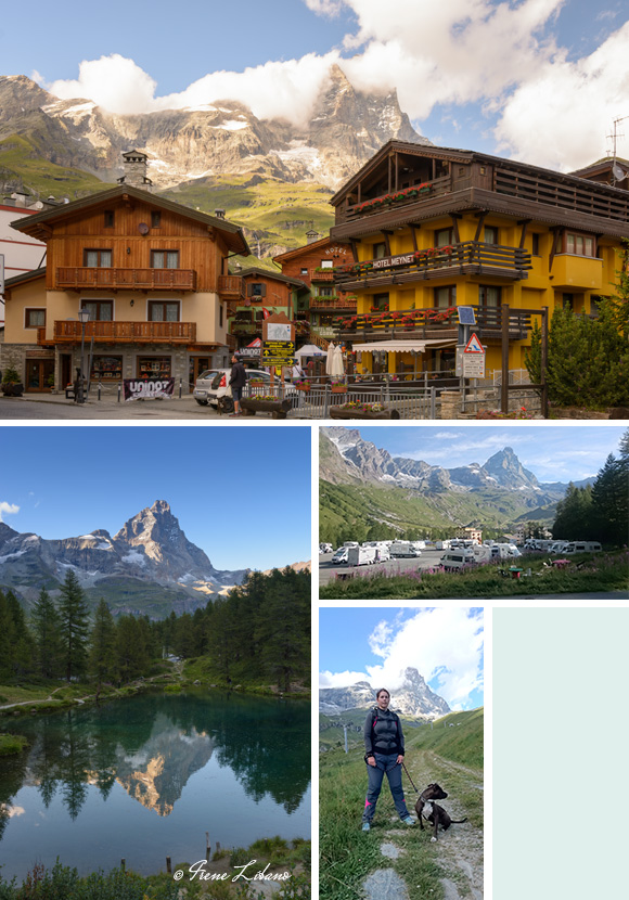 1) Breuil-Cervinia con el Cervino de fondo - 2) Lago Blu - 3) Área pernocta - 4) Camino por las pistas de skí