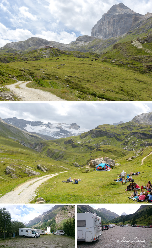 1) Ruta al refugio Benevolo - 2) Vistas al glaciar desde el refugio - 3) Área pernocta de Chanavey - 4) Parking del inicio de ruta