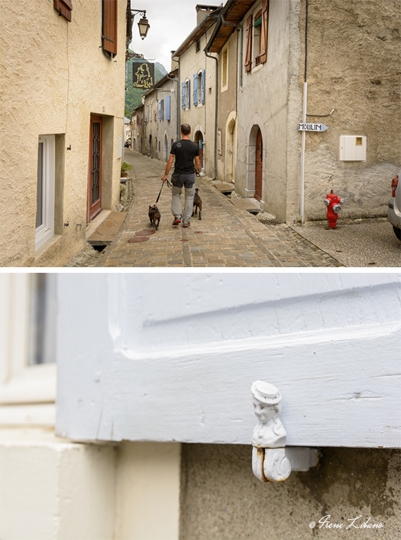 Paseando por las calles de Laruns y detalle de sujeción de una contraventana antigua