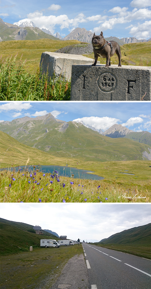 1) Bloque que indican la frontera entre Francia e Italia - 2) Lago Verney - 3) Parking de pernocta