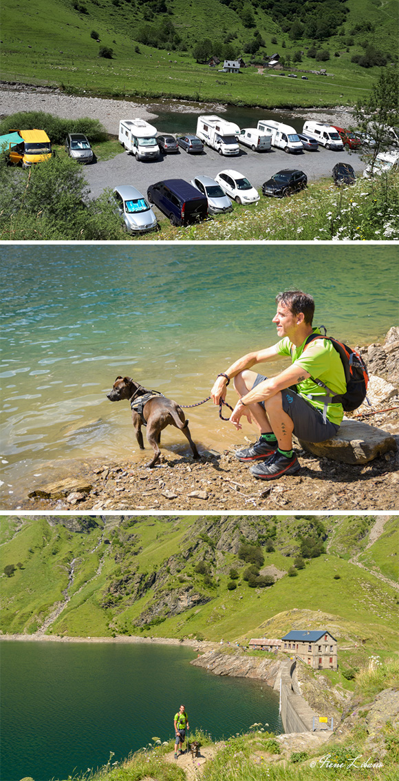 Parking junto al río, lago de Oô, presa y refugio